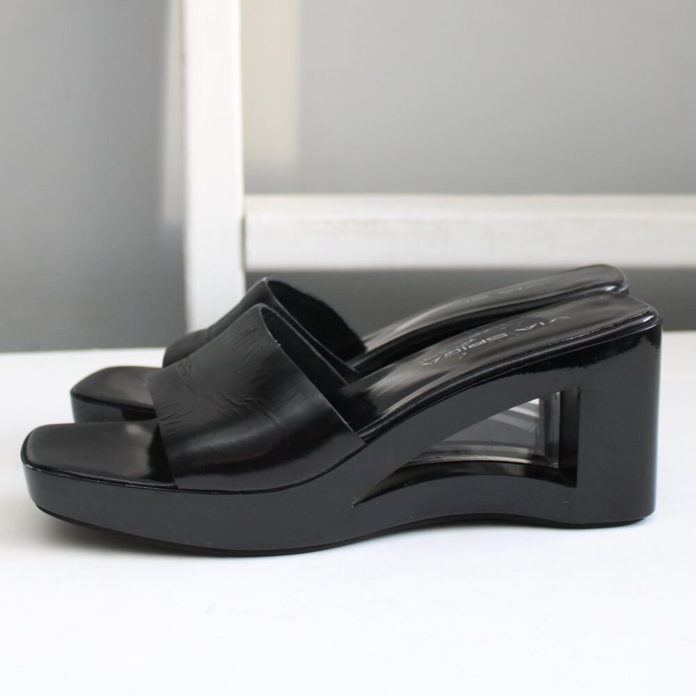 Via Spiga Black Acrylic Lucite Platform Wedge Cut-Out Heel Sandals Size 8.5 - Picture 3 of 8